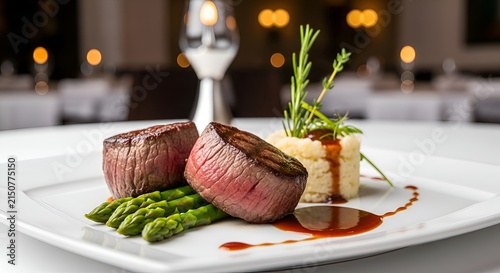 Gourmet Beef Fillets with Asparagus and Risotto, Fine Dining Restaurant