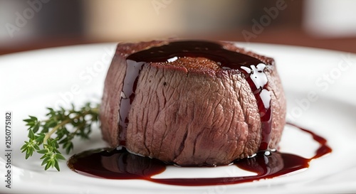 Gourmet Beef Medallion with Rich Glaze and Fresh Thyme Garnish