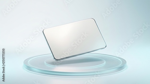 Blank white payment card hovering above a glass pedestal for financial technology branding.