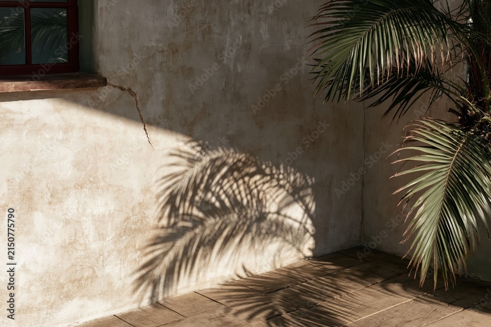 Fototapeta premium Tropical palm leaf shadow cast on a weathered stucco wall and wooden floor with warm sunlight for a serene background mockup