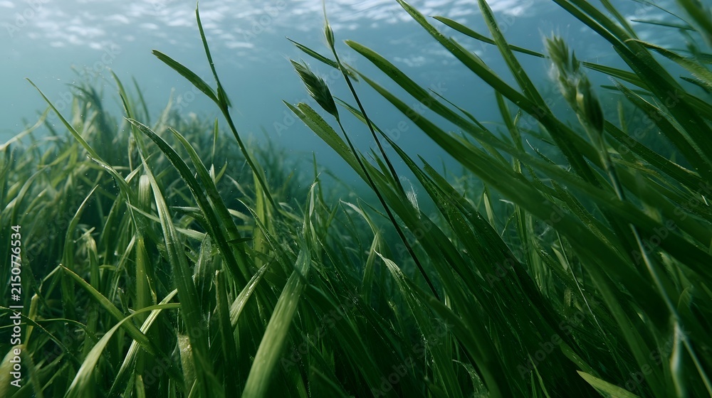 Fototapeta premium Underwater grasses sway gently in clear blue water creating a serene natural aquatic scene with soft light filtering through