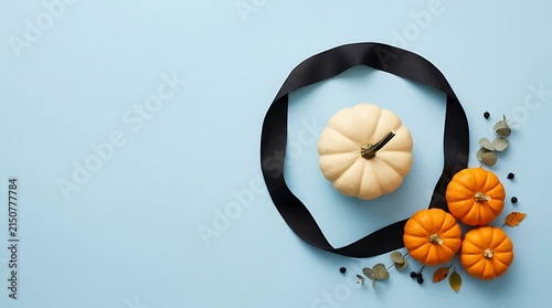 A delightful halloween still life featuring miniature pumpkins a black ribbon and a soft light blue background evoking autumnal charm