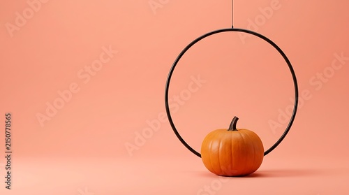 A charming autumnal scene featuring a single pumpkin framed by a dark metal hoop evoking the spirit of halloween festivities