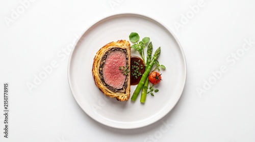 Delicious beef wellington steak served on a white plate