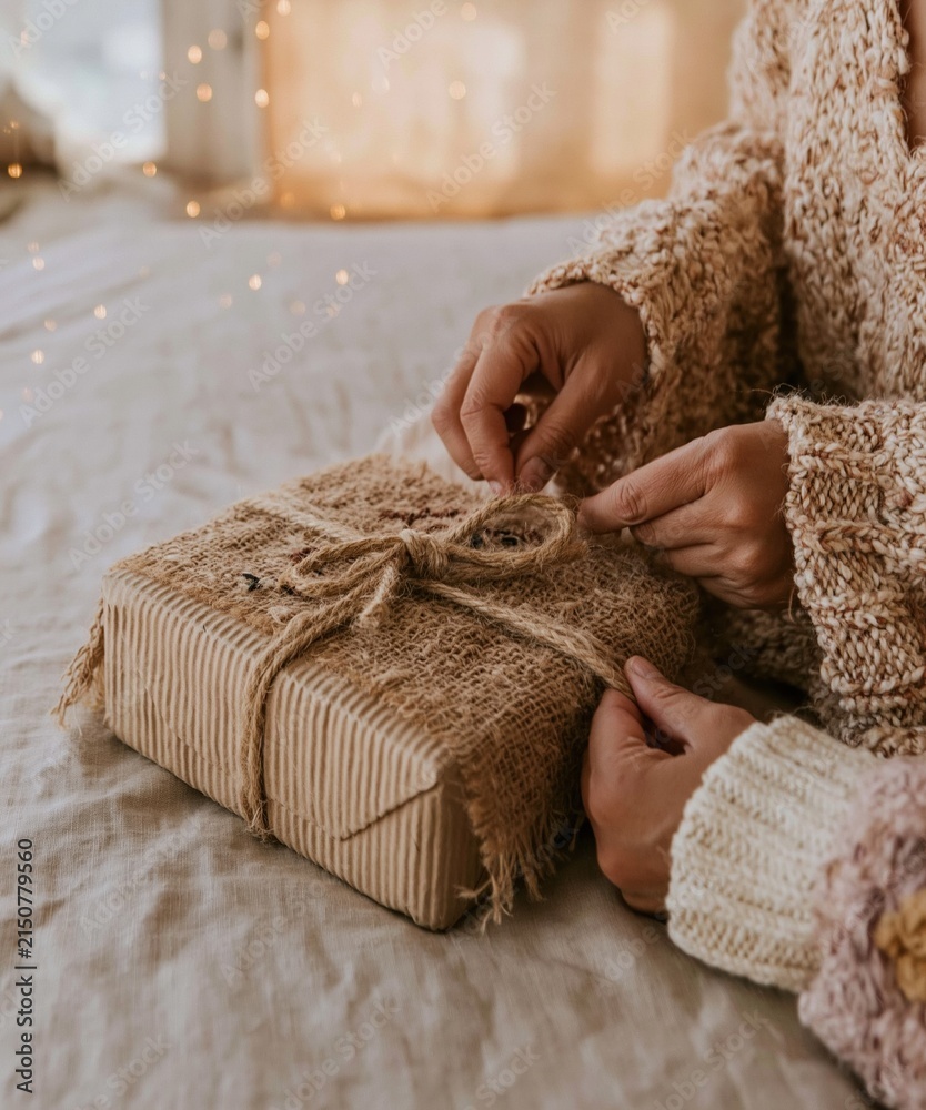 Obraz premium Close up of hands tying a jute twine bow on a corrugated kraft gift box, featuring warm light and textured linen for holiday gift wrapping