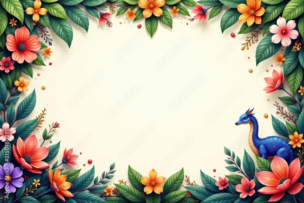Fototapeta premium Intricately designed borders and illustrations featuring fantastical flora and fauna, illustrated, patterns