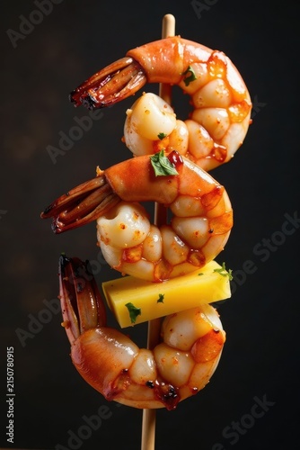 Juicy barbecued shrimp and pineapple chunks on a wooden stick, pineapple, appetizer