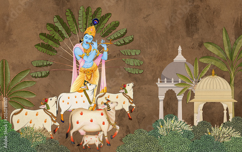 Fotografie Traditional Indian Pichwai Art Wallpaper of Lord Krishna with Holy Cows and Roya