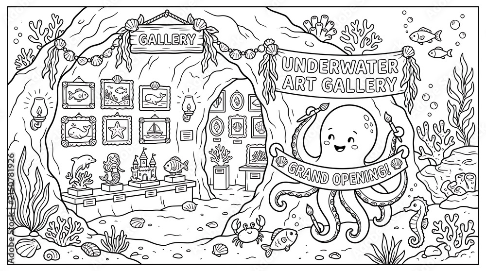 Fototapeta premium Underwater gallery grand opening featuring a happy octopus artist with paintbrushes and framed paintings of sea life coloring page