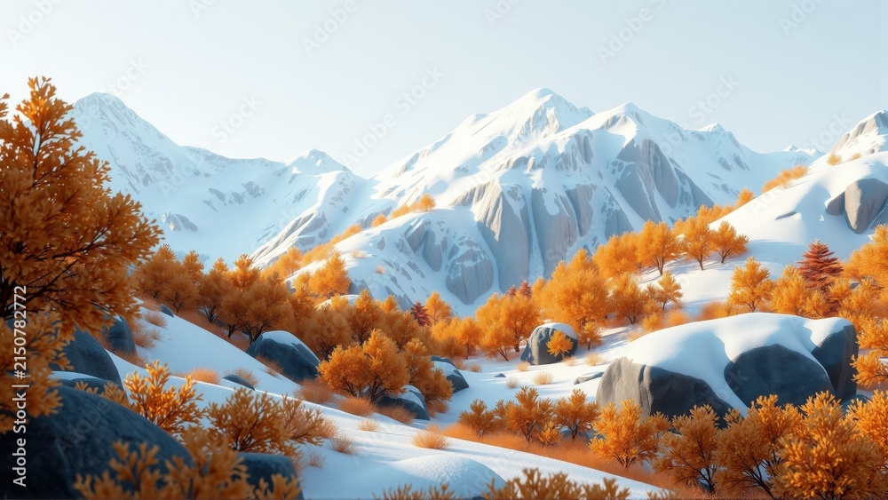 Obraz premium Snowy mountains backdrop vibrant orange trees. Winter landscape presents serene beauty, peaceful atmosphere. Rocks dot snowy hillsides.