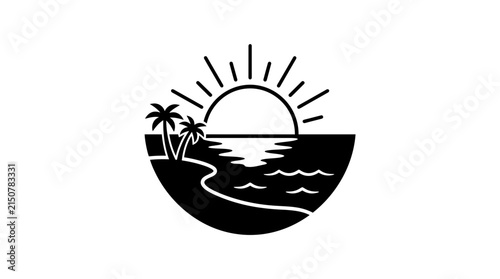 Tropical island sunset silhouette with palm trees and ocean waves.