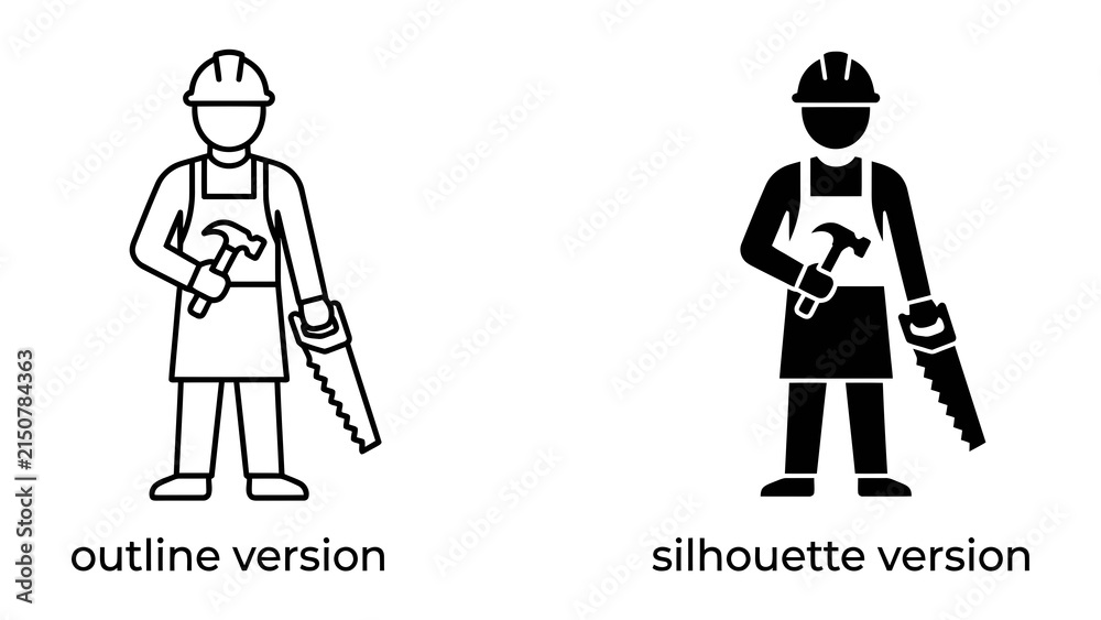 Fototapeta premium Craftsman Icon: A clear and simple illustration depicts a craftsman, identifiable by his hard hat, apron, and tools (hammer and saw).