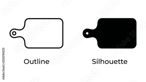 Konstfotografi Cutting Board Icon Set: A clean vector graphic showcasing two distinct representations of a cutting board: one as a simple outline and the other as a solid silhouette