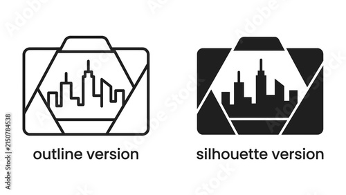 Obraz na płótnie Camera Aperture with Cityscape Silhouettes: Two stylized representations of a camera aperture, one as an outline and the other as a silhouette, frame a minimalist cityscape