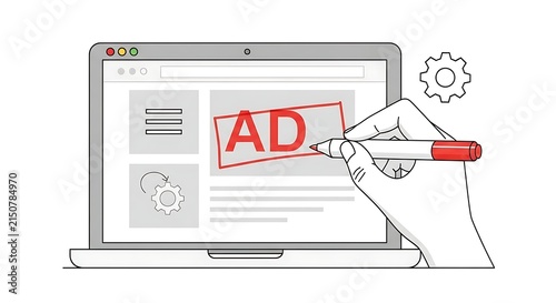 Hand drawing red advertisement on laptop screen for digital marketing strategy and online business promotion vector illustration