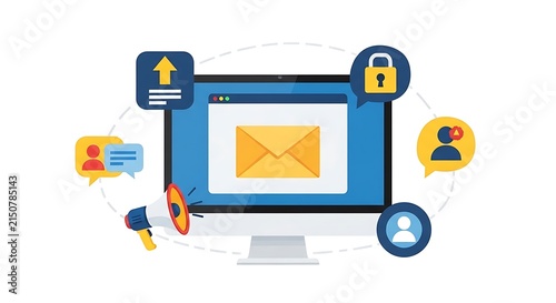 Digital Email Marketing and Cybersecurity Concept Illustration Featuring Computer Monitor with Message and Security Icons
