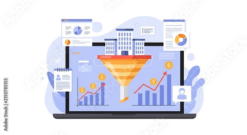 Digital Business Transformation with Sales Funnel Optimization, Data Analytics, and Growth Strategy Visualized on Laptop Screen