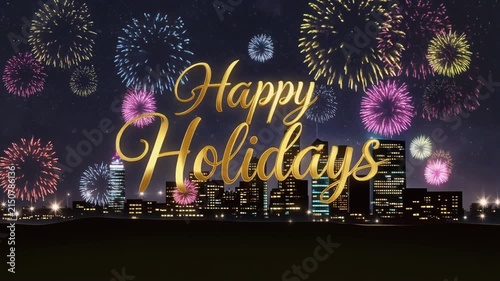 Festive Happy Holidays Fireworks Over Cityscape, Dynamic Celebration Video