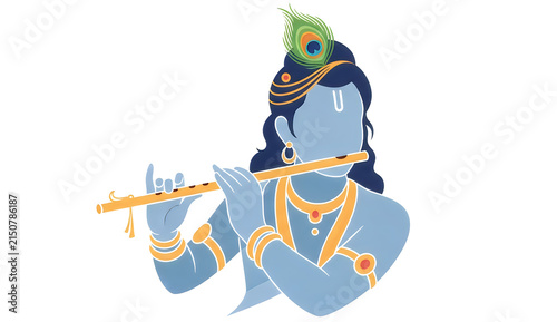 Lord Krishna playing flute illustration. Hindu deity vector art with peacock feather.