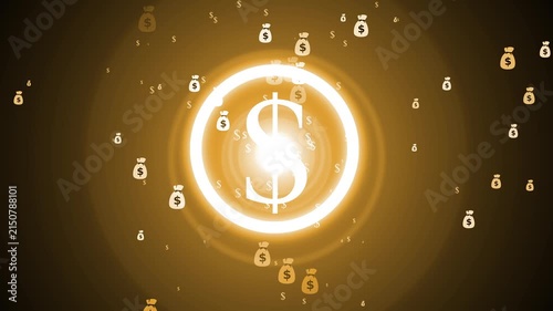 Glowing dollar symbol with floating money icons on dark background animation