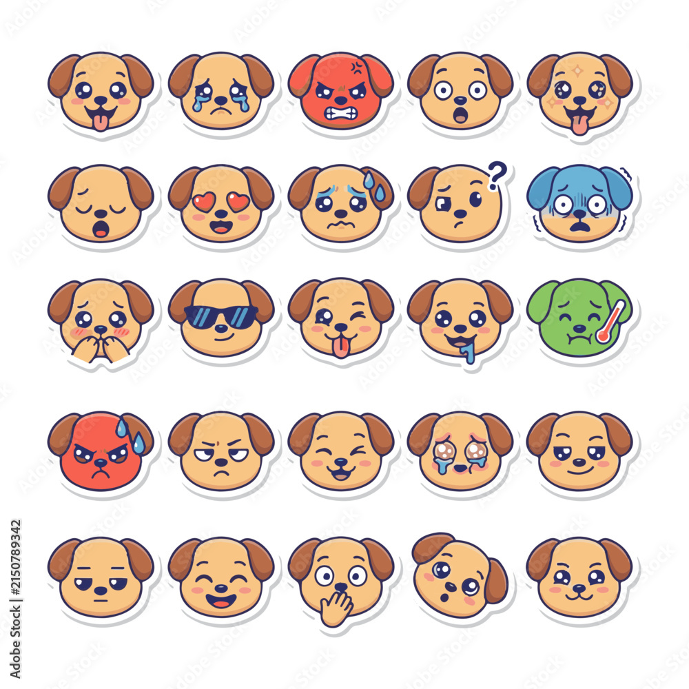 Fototapeta premium Collection of cute dog emoticons expressing various emotions and moods with playful and friendly designs
