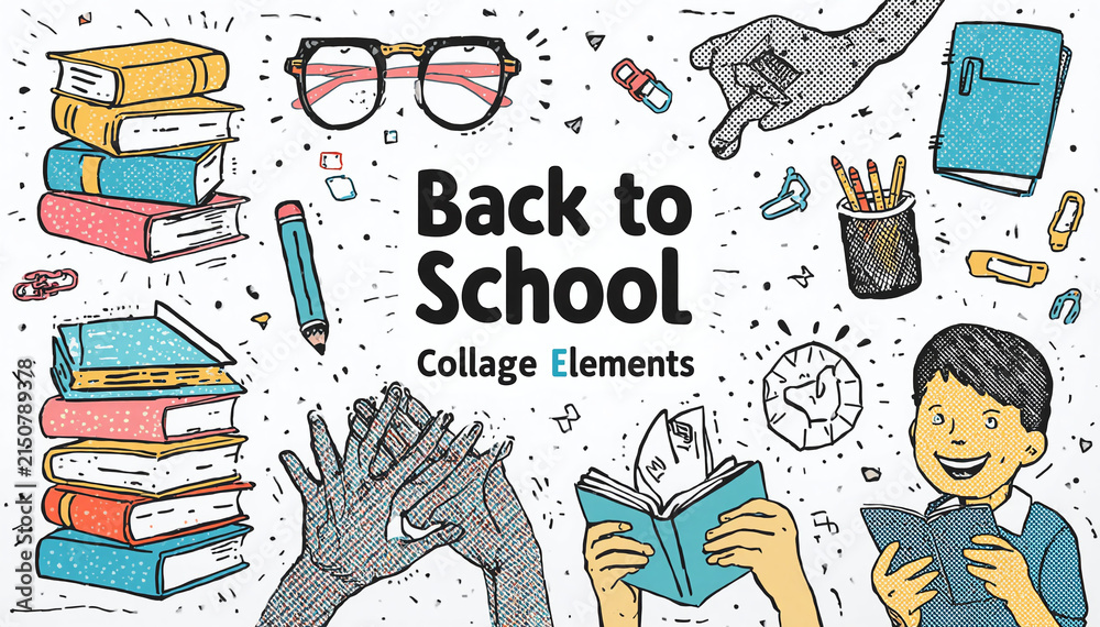 Obraz premium Back to school collage elements with books and student illustrations, education.