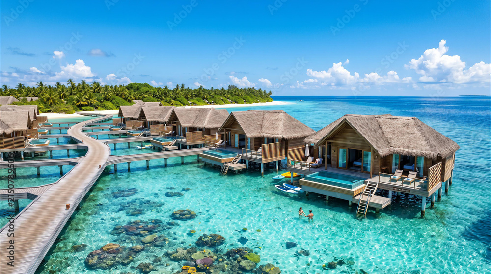 Fototapeta premium Luxury wooden overwater bungalows with private infinity pools stand above the clear turquoise ocean water on a sunny island paradise