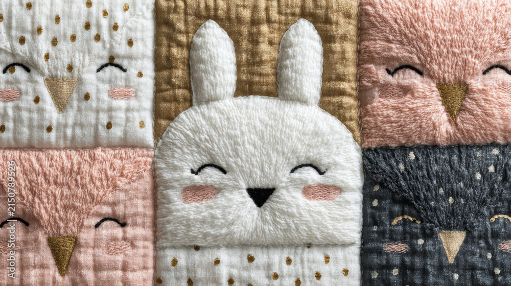 Fototapeta premium A patchwork quilted fabric panel, with 5 cute plush cartoon animal faces (bunny, owls) in white, pink, tan and dark blue, dotted with tiny gold star details.