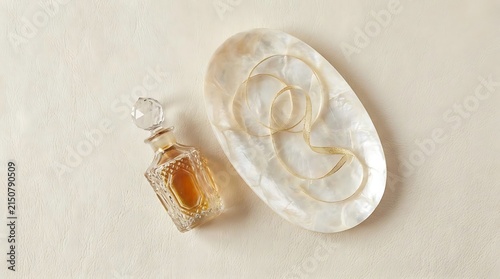 Perfume bottle and gold necklace on shell tray