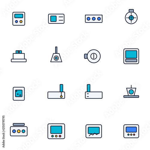 Premium flat vector icon collection of pharmaceutical laboratory analyzers, testing instruments, quality control equipment and cleanroom monitoring systems.
