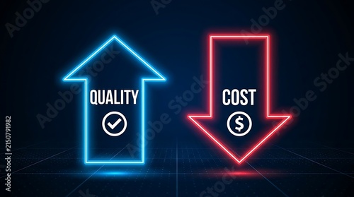 Quality improvement and cost reduction neon arrows pointing up and down on dark background