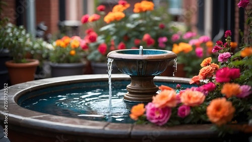 Peaceful Stone Water Fountain Surrounded by Vibrant Summer Flowers in a Lush Garden Courtyard