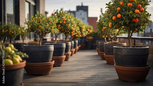 Modern Rooftop Garden with Potted Citrus Trees Bearing Ripe Oranges in an Urban Setting