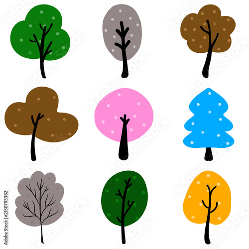 Four Seasons Tree Collection Vector Illustration Set with Spring, Summer, Autumn and Winter Nature Icons, Leaves, Branches and Eco Symbols