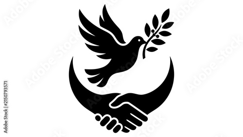 Peace dove with olive branch and handshake symbol representing harmony and unity