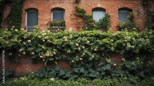 Lush Green Ivy and White Flowers Growing on an Old Red Brick Wall with Windows