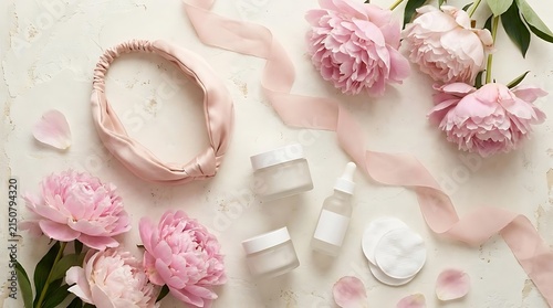 Pink peonies and skincare products on white surface.