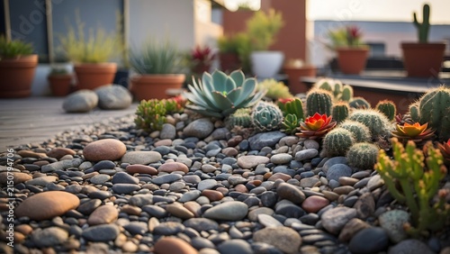 A thriving collection of diverse succulents and vibrant cacti adorns a modern rooftop garden