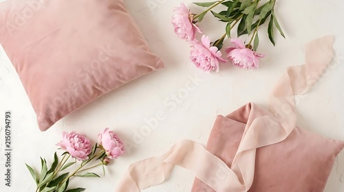 Pink peonies and velvet pillows romantic flat lay.
