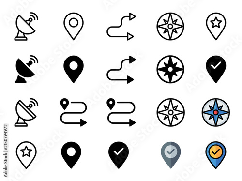 Set of Navigation and Location Vector Icons in Multiple Styles