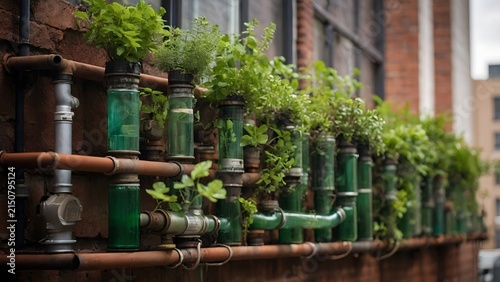 Sustainable Urban Vertical Garden System Using Recycled Glass Bottles and PVC Pipes on a Brick Wall