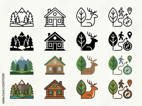 Set of outdoor adventure and nature icons in various styles