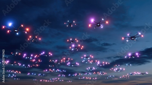 Colorful Drones in Night Sky with Breathtaking Light Display