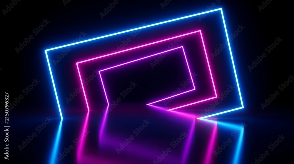 Naklejka premium Glowing neon rectangular frames in blue and magenta, arranged in a nested perspective pattern with light reflections on a dark surface