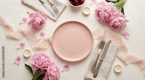 Pink plate with peonies and elegant table setting.