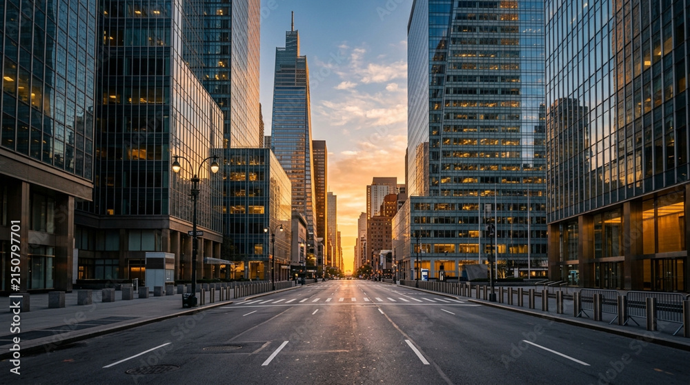 Naklejka premium New York City Street at Sunset, Iconic Skyline, Empty Road Perspective