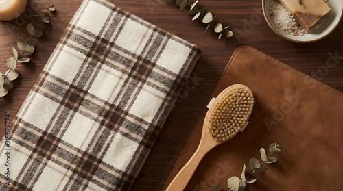 Plaid blanket and wooden body brush on dark wood.