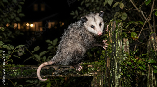 Virginia Opossum curious and wild in dark nocturnal lighting on a rustic moss-covered wooden fence for wildlife education and nature themes.