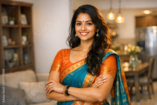 Indian woman wearing traditional saree, smiling and posing in well-decorated room.