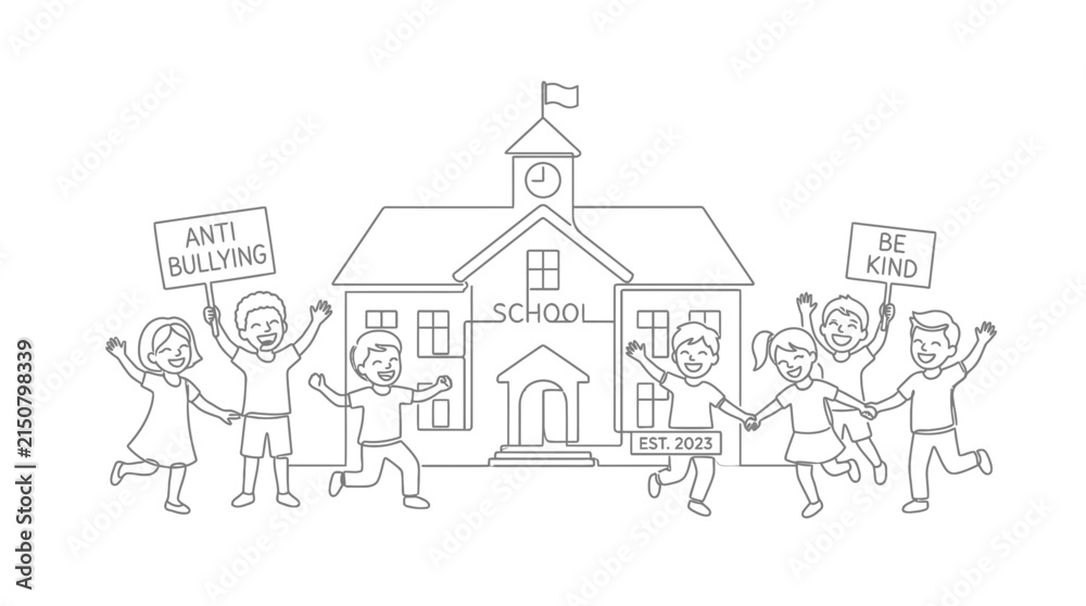 Fototapeta premium Continuous line drawing of happy children holding anti bullying signs in front of a school building